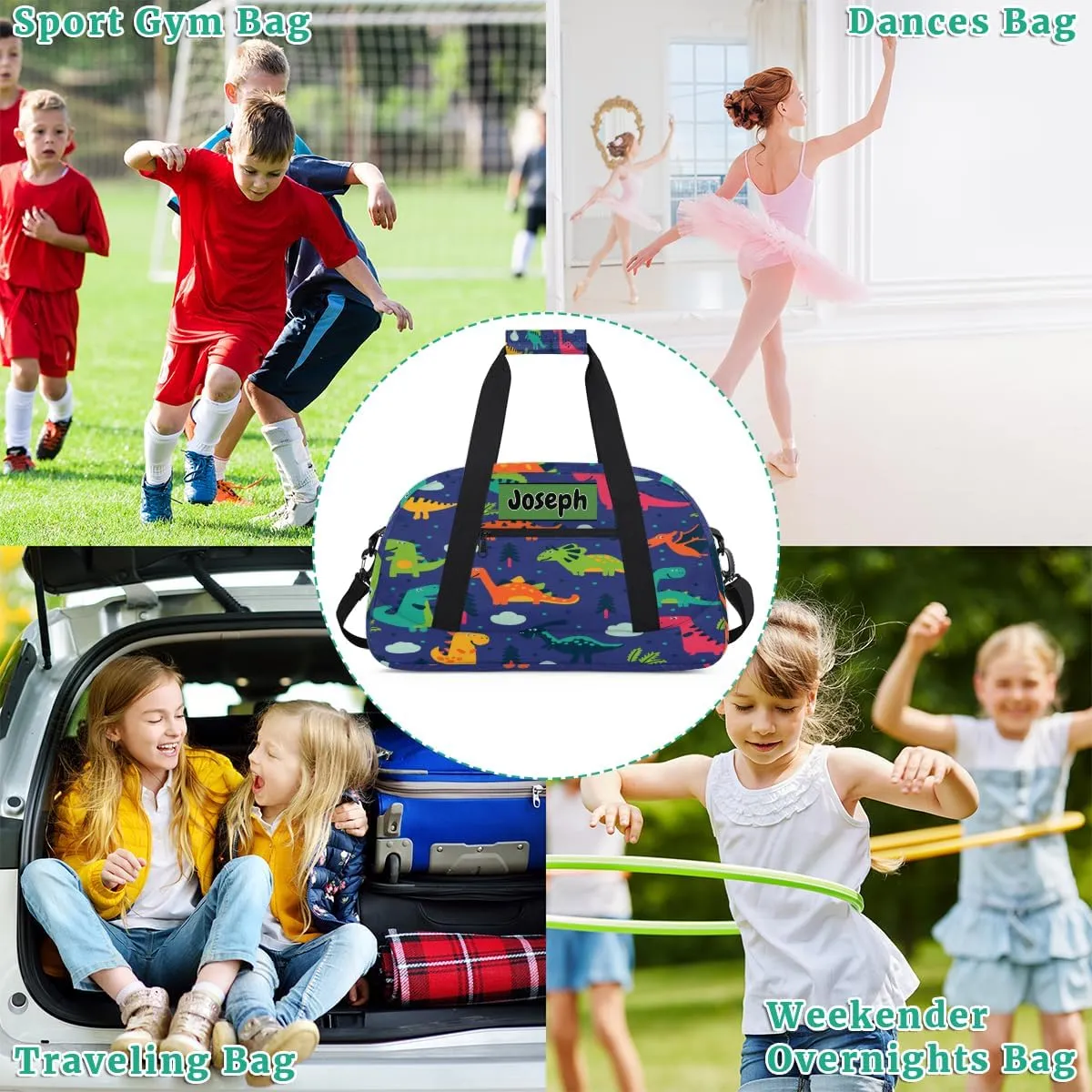 Personalized Sports Basketball Duffel Bags Name, Custom Football Weekender Overnight Bag Waterproof Gym Bag for Travel Boys, Colorful Dinosaurs