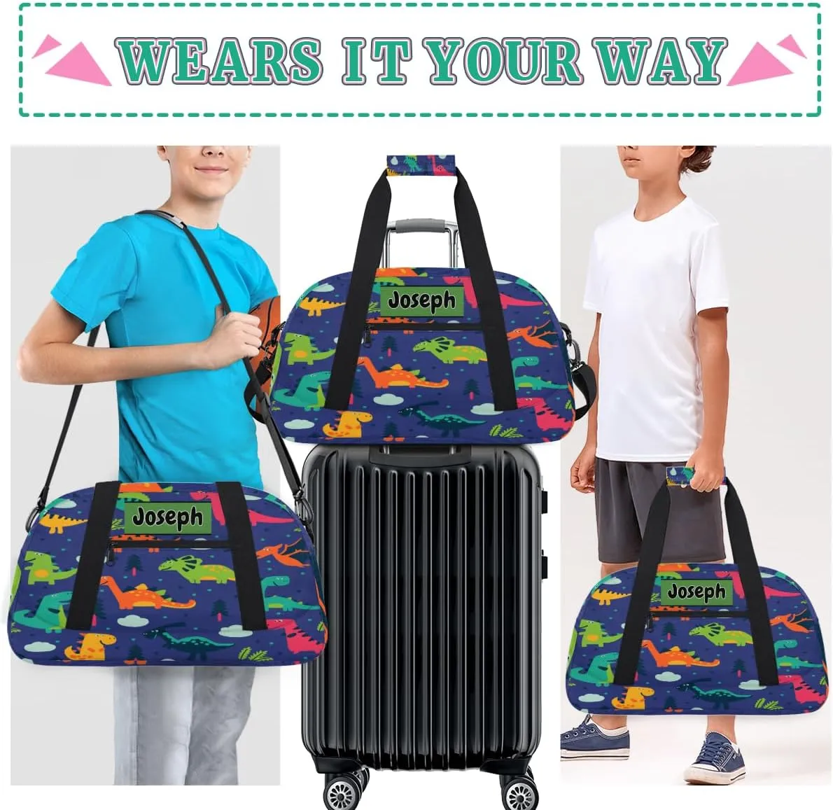 Personalized Sports Basketball Duffel Bags Name, Custom Football Weekender Overnight Bag Waterproof Gym Bag for Travel Boys, Colorful Dinosaurs