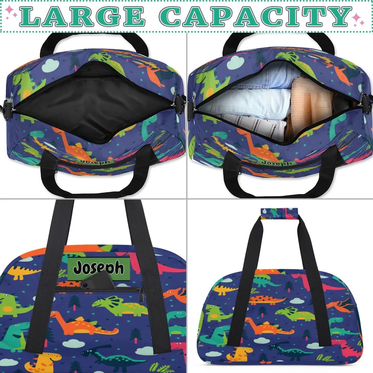 Personalized Sports Basketball Duffel Bags Name, Custom Football Weekender Overnight Bag Waterproof Gym Bag for Travel Boys, Colorful Dinosaurs