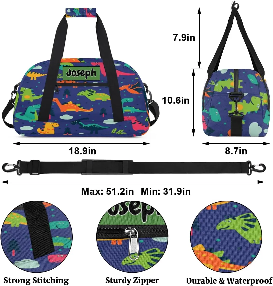 Personalized Sports Basketball Duffel Bags Name, Custom Football Weekender Overnight Bag Waterproof Gym Bag for Travel Boys, Colorful Dinosaurs