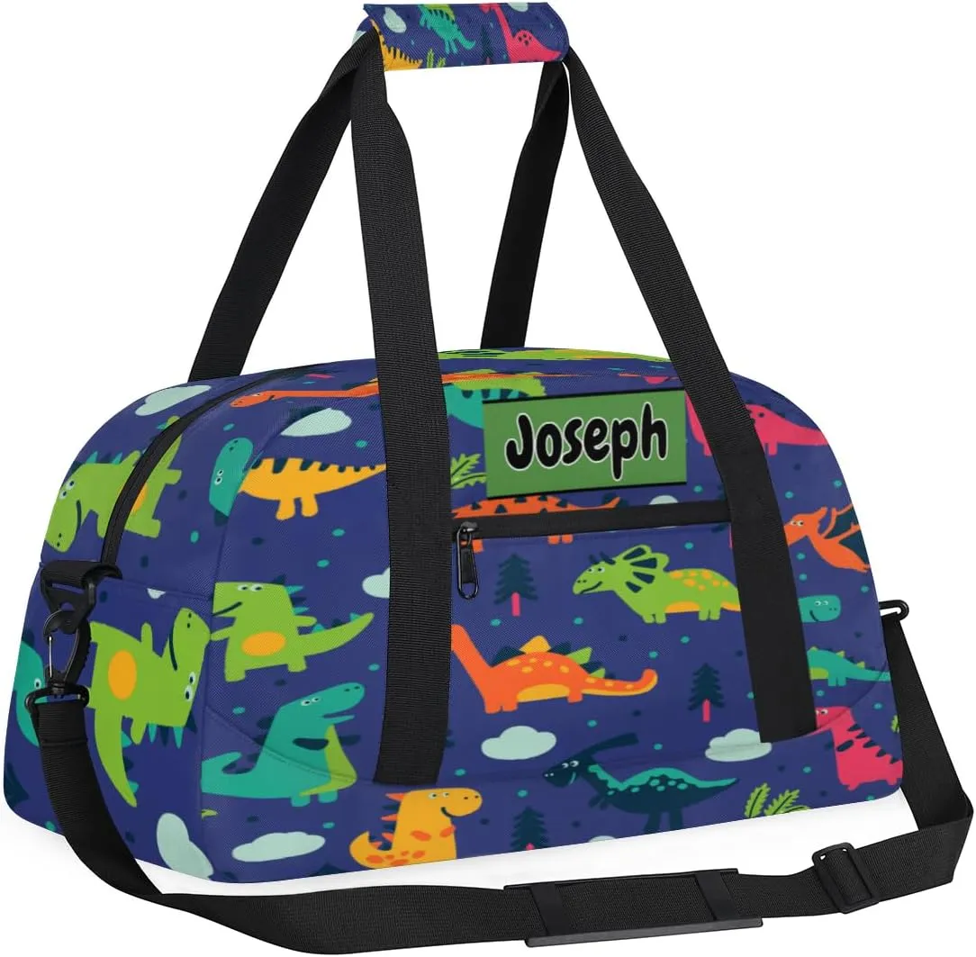 Personalized Sports Basketball Duffel Bags Name, Custom Football Weekender Overnight Bag Waterproof Gym Bag for Travel Boys, Colorful Dinosaurs