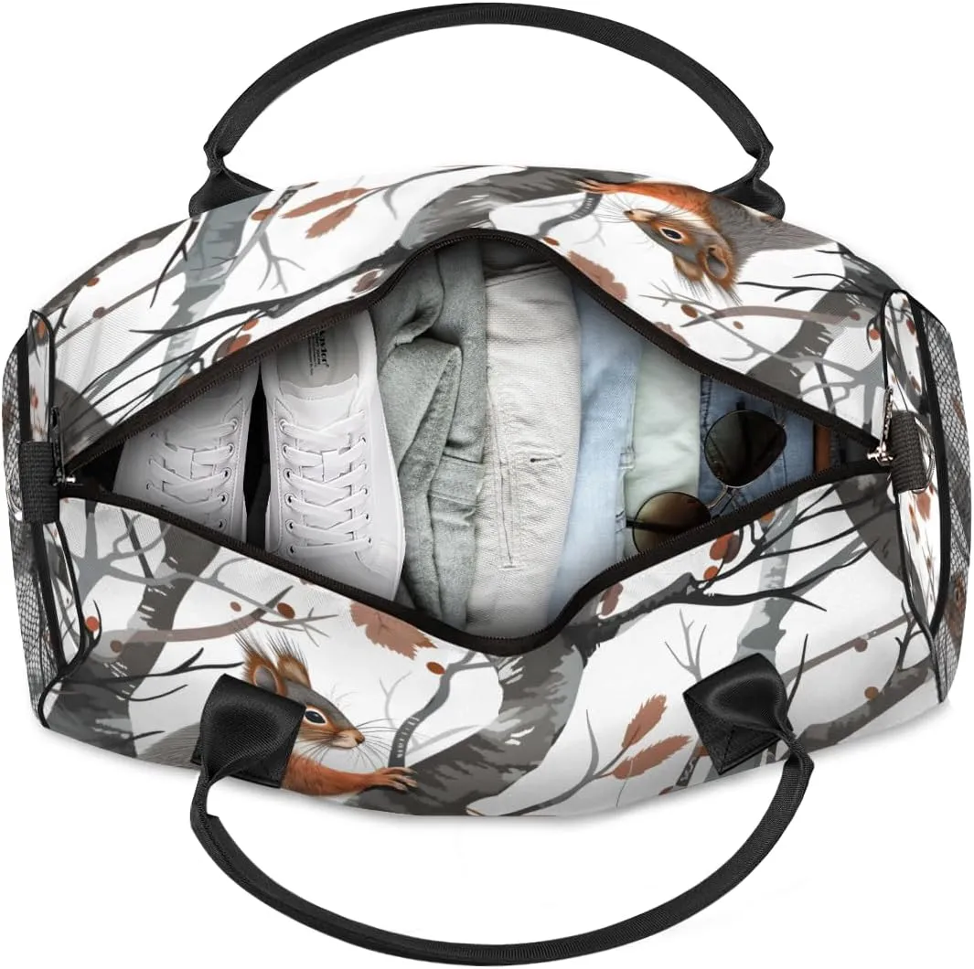 Personalized Squirre Fall Trees Travel Duffel Bag with Name, Custom Gym Sport Bag Autumn Forest Carry On Weekend Overnight Duffel Bag for Men Women