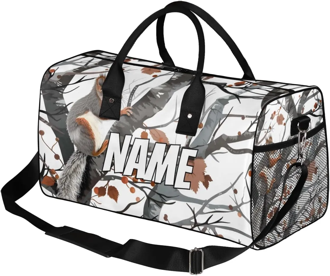 Personalized Squirre Fall Trees Travel Duffel Bag with Name, Custom Gym Sport Bag Autumn Forest Carry On Weekend Overnight Duffel Bag for Men Women