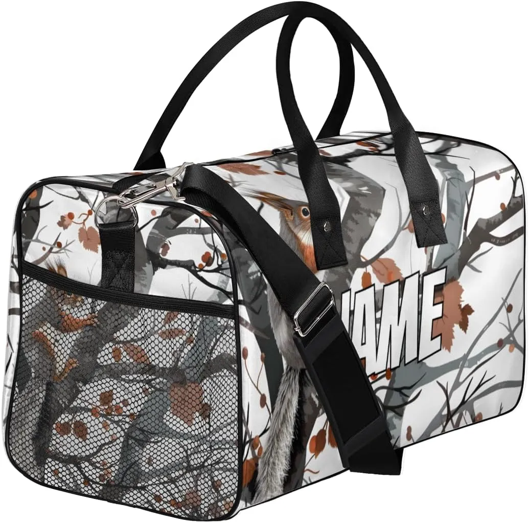 Personalized Squirre Fall Trees Travel Duffel Bag with Name, Custom Gym Sport Bag Autumn Forest Carry On Weekend Overnight Duffel Bag for Men Women