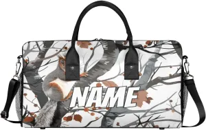 Personalized Squirre Fall Trees Travel Duffel Bag with Name, Custom Gym Sport Bag Autumn Forest Carry On Weekend Overnight Duffel Bag for Men Women