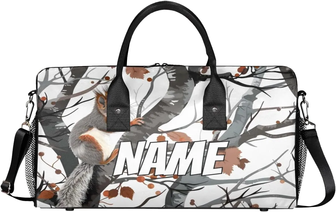 Personalized Squirre Fall Trees Travel Duffel Bag with Name, Custom Gym Sport Bag Autumn Forest Carry On Weekend Overnight Duffel Bag for Men Women