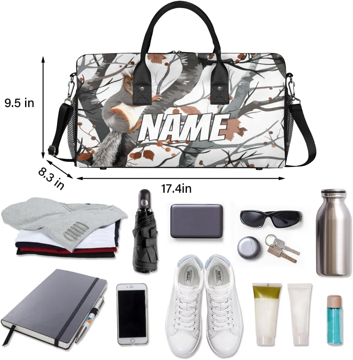 Personalized Squirre Fall Trees Travel Duffel Bag with Name, Custom Gym Sport Bag Autumn Forest Carry On Weekend Overnight Duffel Bag for Men Women