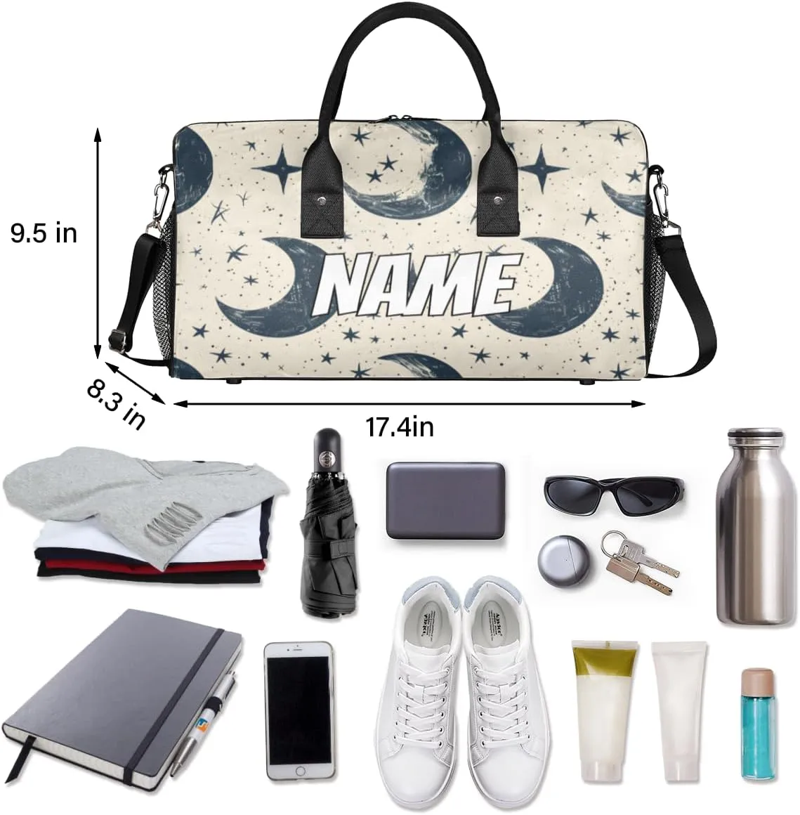 Personalized Starry Moon Travel Duffel Bag with Name, Custom Gym Sport Bag Starry Night Carry On Weekend Overnight Duffel Bag for Men Women