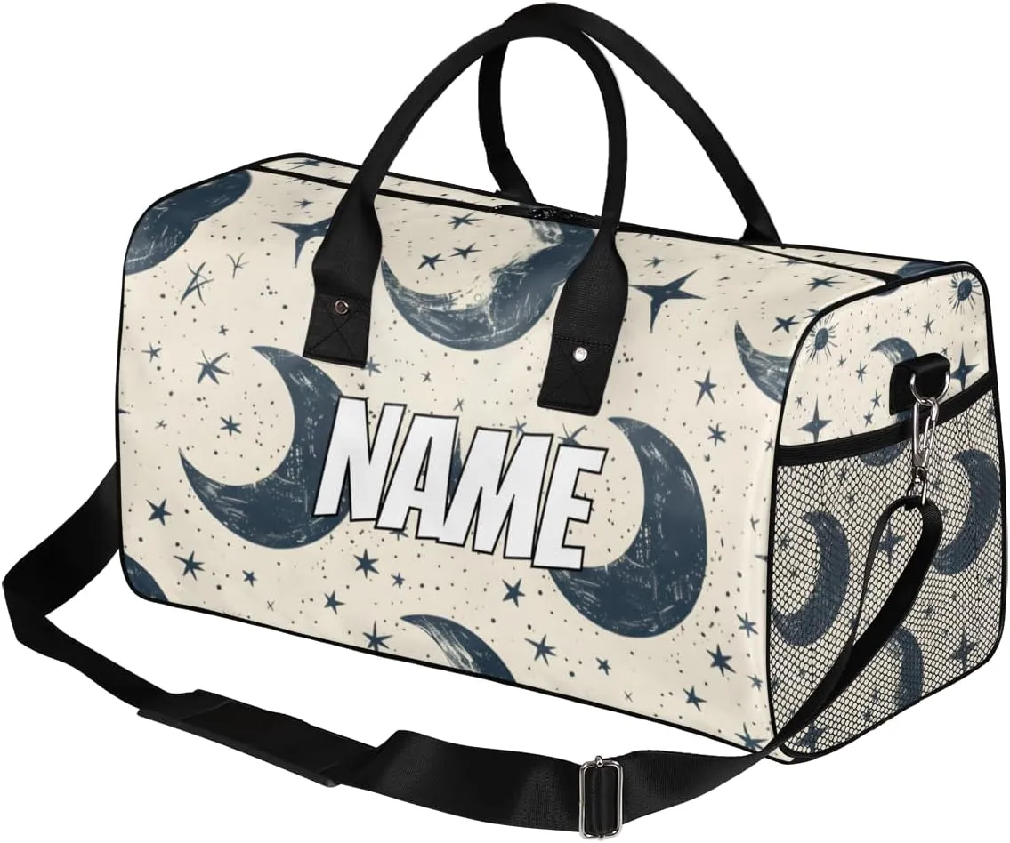 Personalized Starry Moon Travel Duffel Bag with Name, Custom Gym Sport Bag Starry Night Carry On Weekend Overnight Duffel Bag for Men Women