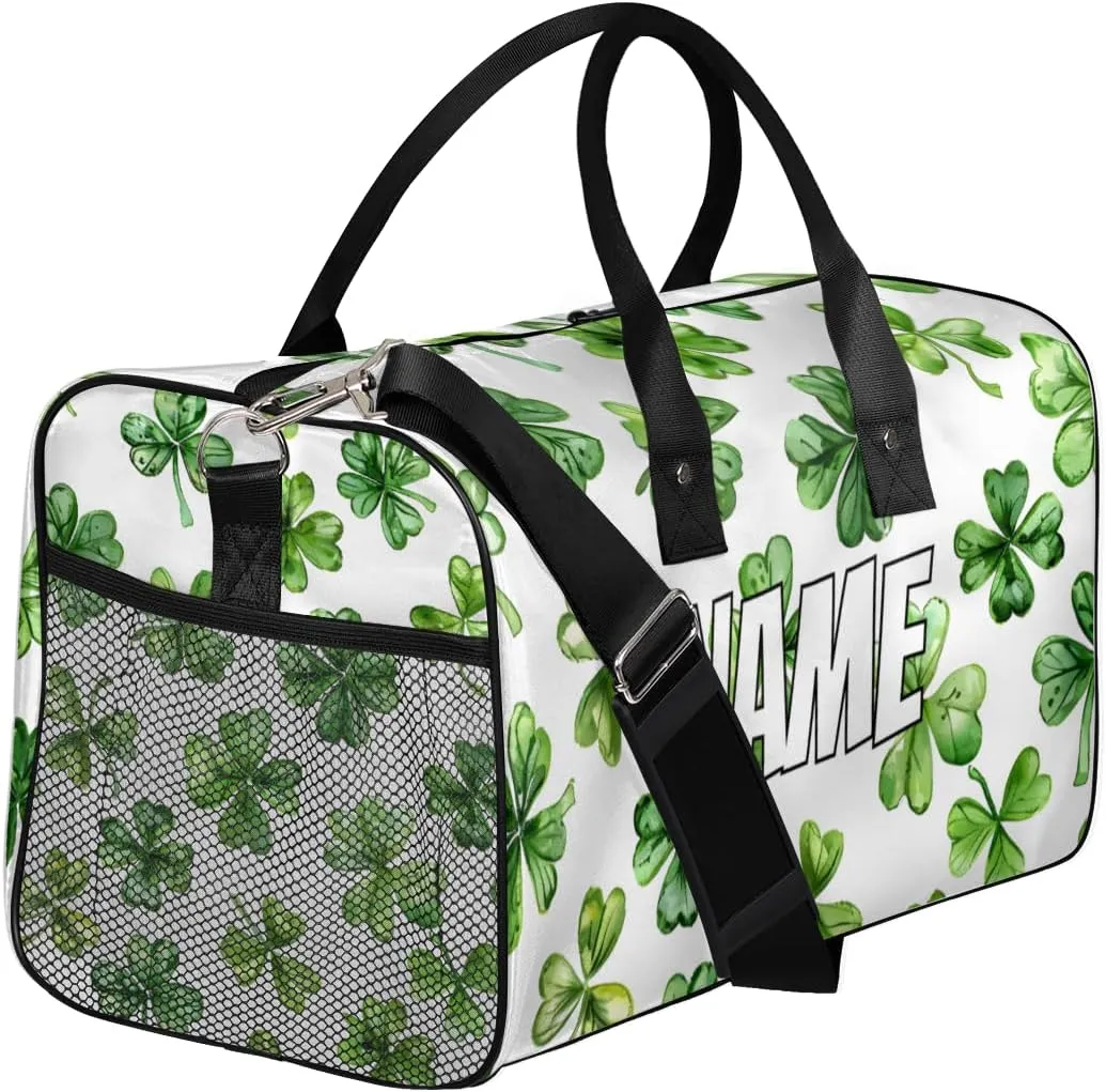 Personalized St.Patrick's Day Travel Duffel Bag with Name, Custom Gym Sport Bag Lucky Clover Leaf Carry On Weekend Overnight Duffel Bag for Men Women