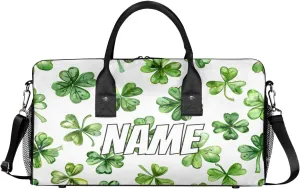 Personalized St.Patrick's Day Travel Duffel Bag with Name, Custom Gym Sport Bag Lucky Clover Leaf Carry On Weekend Overnight Duffel Bag for Men Women