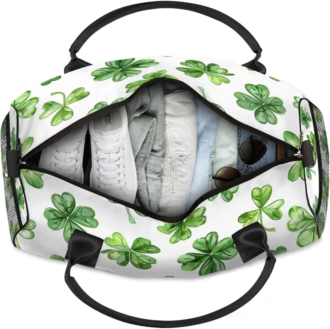 Personalized St.Patrick's Day Travel Duffel Bag with Name, Custom Gym Sport Bag Lucky Clover Leaf Carry On Weekend Overnight Duffel Bag for Men Women
