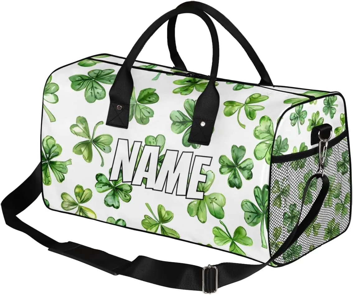 Personalized St.Patrick's Day Travel Duffel Bag with Name, Custom Gym Sport Bag Lucky Clover Leaf Carry On Weekend Overnight Duffel Bag for Men Women