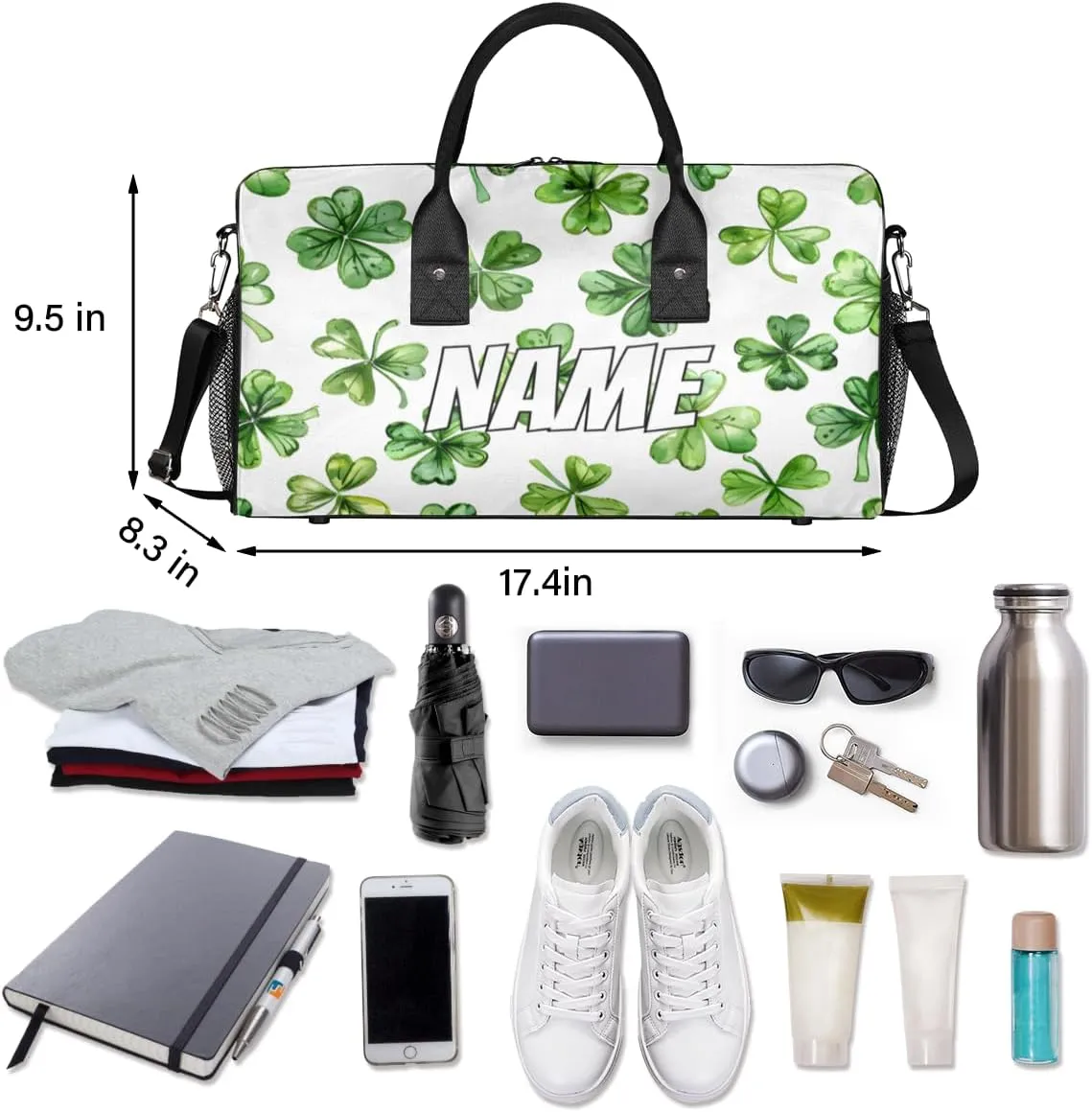 Personalized St.Patrick's Day Travel Duffel Bag with Name, Custom Gym Sport Bag Lucky Clover Leaf Carry On Weekend Overnight Duffel Bag for Men Women