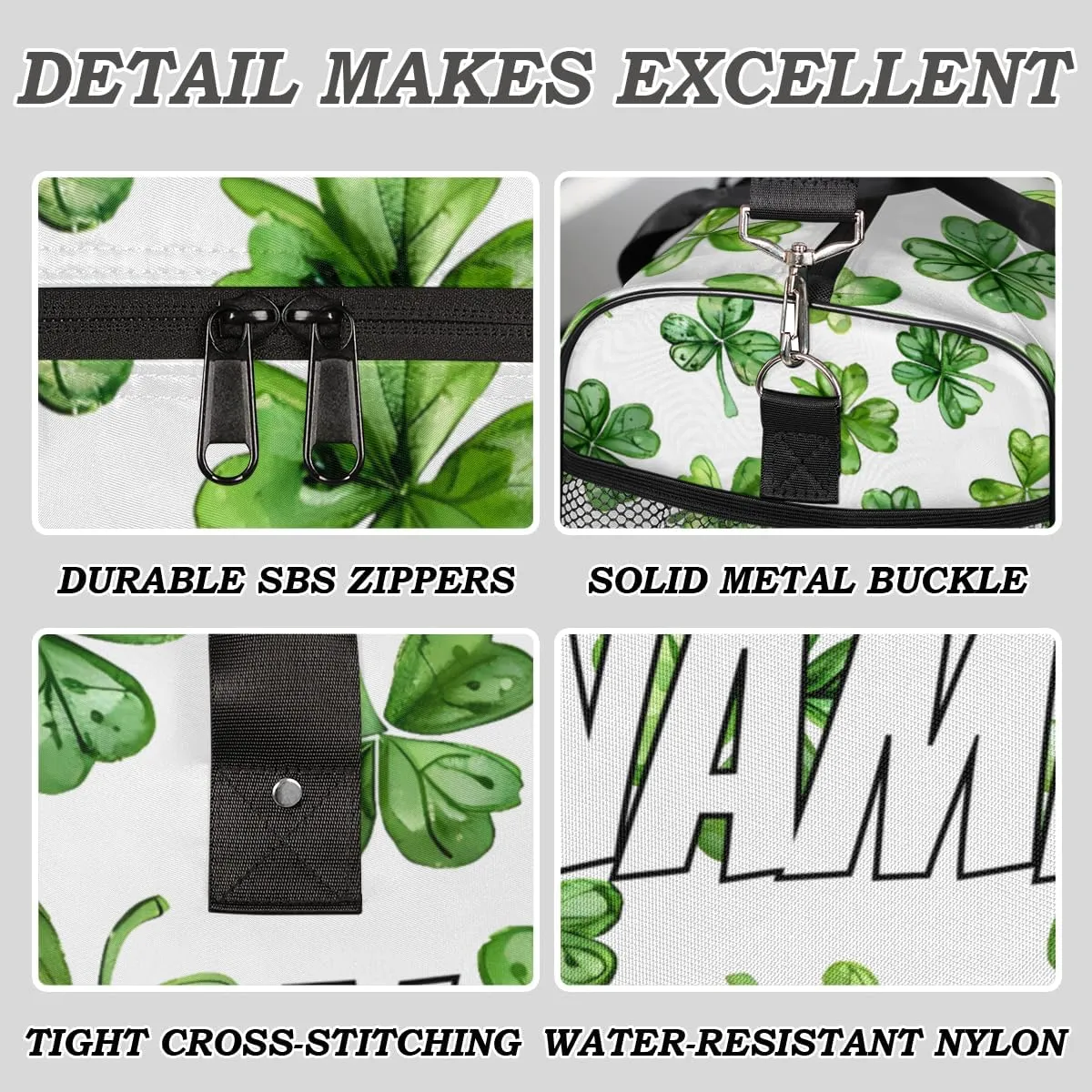 Personalized St.Patrick's Day Travel Duffel Bag with Name, Custom Gym Sport Bag Lucky Clover Leaf Carry On Weekend Overnight Duffel Bag for Men Women