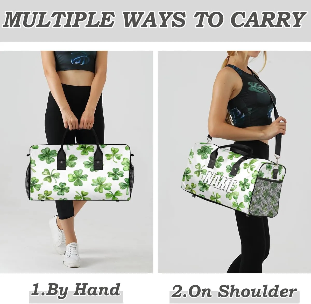 Personalized St.Patrick's Day Travel Duffel Bag with Name, Custom Gym Sport Bag Lucky Clover Leaf Carry On Weekend Overnight Duffel Bag for Men Women