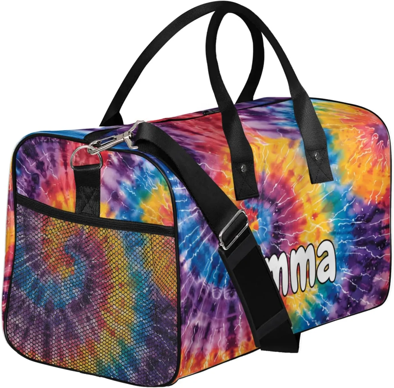 Personalized Tie Dye Colorful Travel Duffel Bag with Name, Custom Gym Sport Bag Spiral Fractal Carry On Weekend Overnight Duffel Bag for Men Women