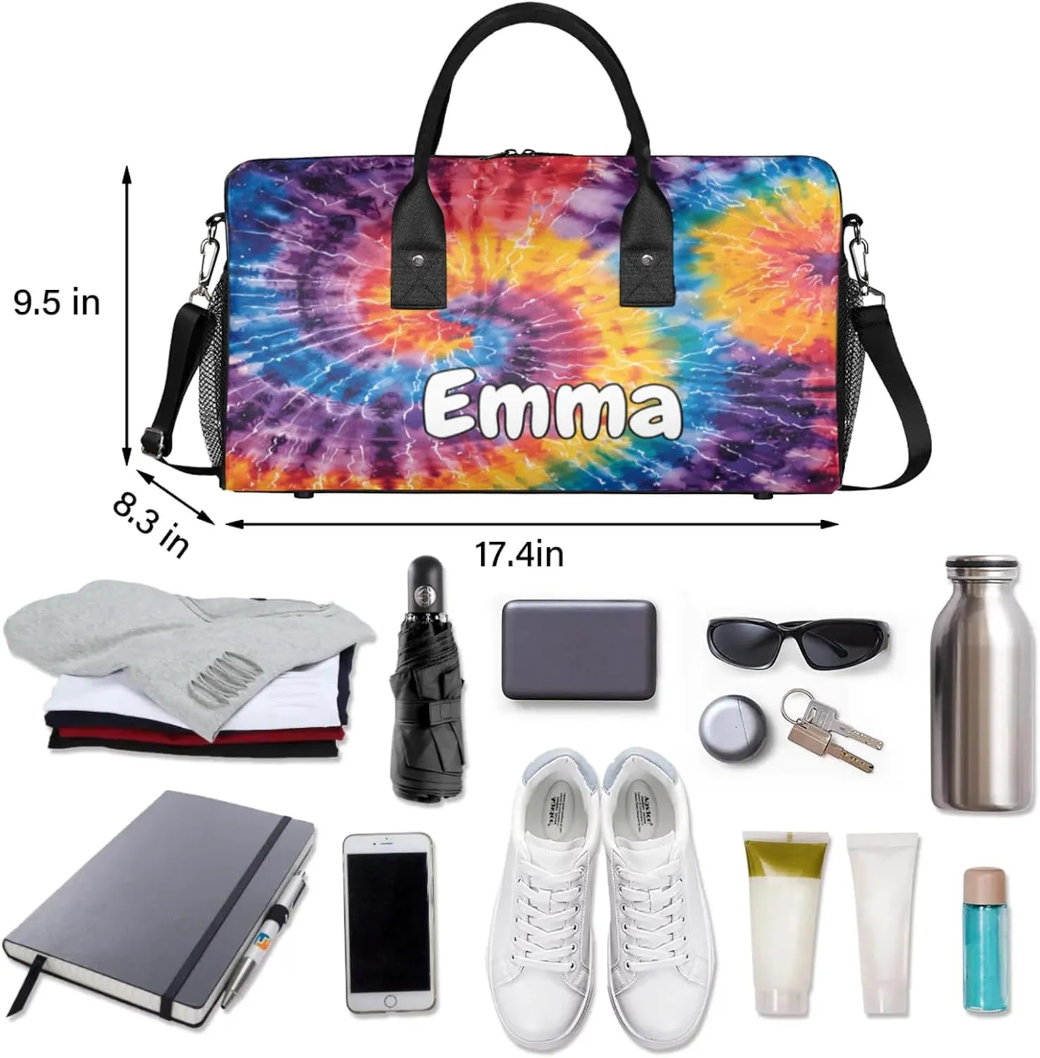 Personalized Tie Dye Colorful Travel Duffel Bag with Name, Custom Gym Sport Bag Spiral Fractal Carry On Weekend Overnight Duffel Bag for Men Women