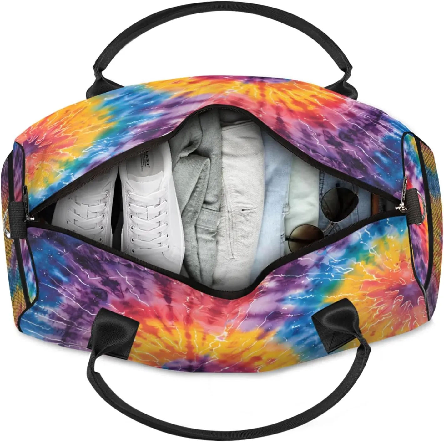 Personalized Tie Dye Colorful Travel Duffel Bag with Name, Custom Gym Sport Bag Spiral Fractal Carry On Weekend Overnight Duffel Bag for Men Women