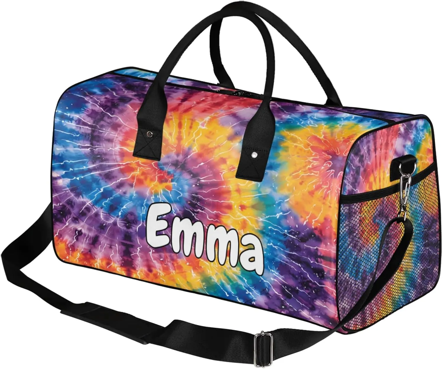 Personalized Tie Dye Colorful Travel Duffel Bag with Name, Custom Gym Sport Bag Spiral Fractal Carry On Weekend Overnight Duffel Bag for Men Women