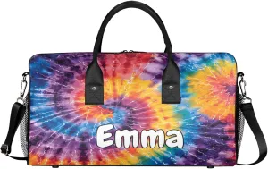 Personalized Tie Dye Colorful Travel Duffel Bag with Name, Custom Gym Sport Bag Spiral Fractal Carry On Weekend Overnight Duffel Bag for Men Women