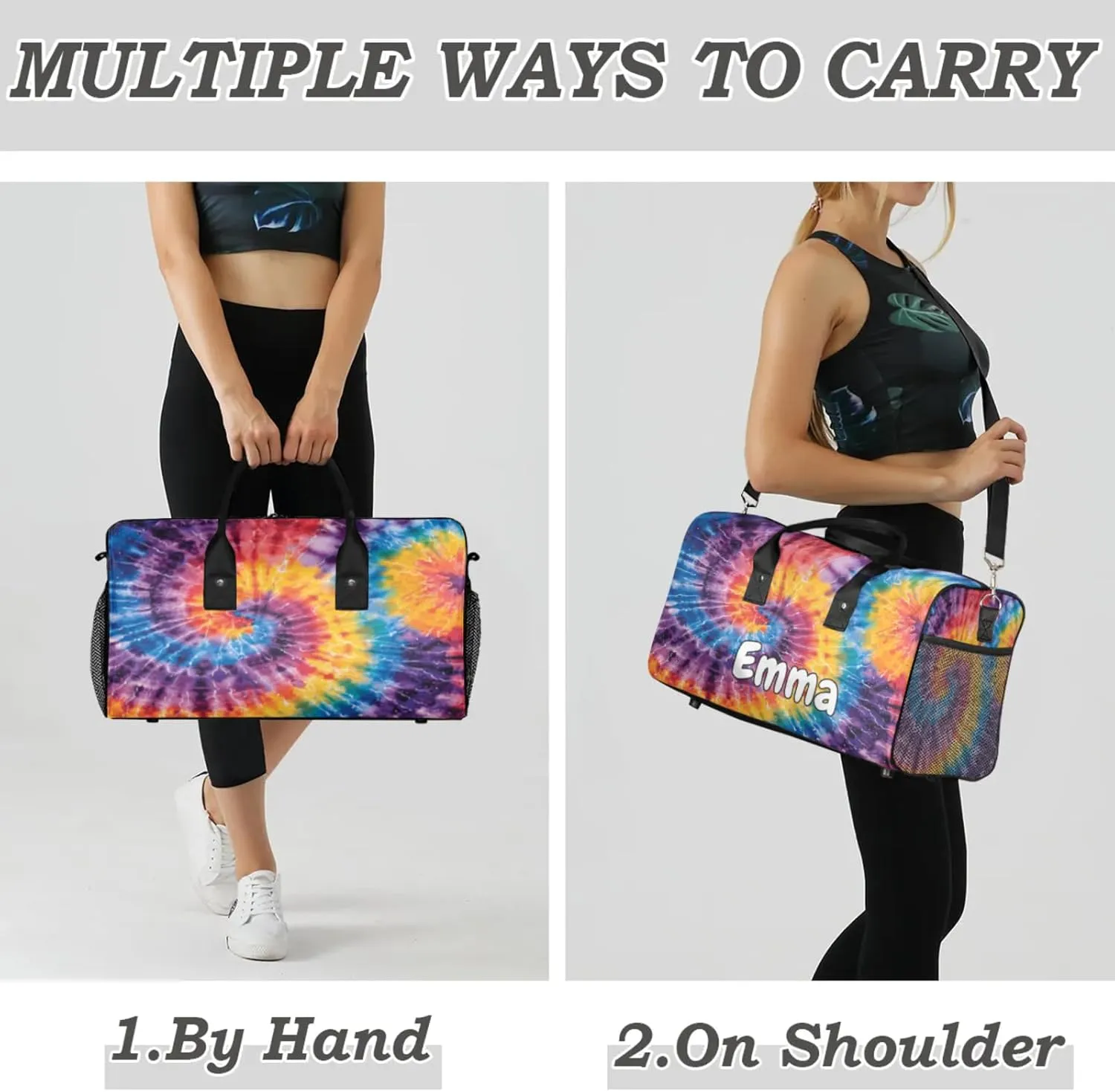 Personalized Tie Dye Colorful Travel Duffel Bag with Name, Custom Gym Sport Bag Spiral Fractal Carry On Weekend Overnight Duffel Bag for Men Women