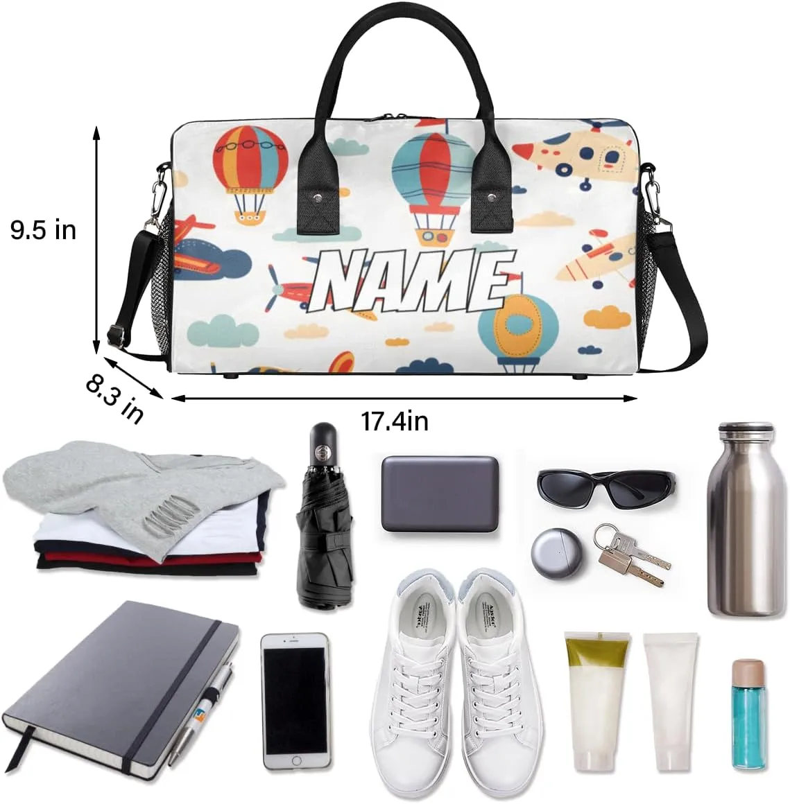 Personalized Transportation Airplane Travel Duffel Bag with Name, Custom Gym Sport Bag Cartoon Balloon Carry On Weekend Overnight Duffel Bag for Men Women