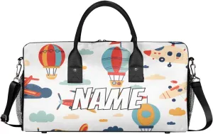 Personalized Transportation Airplane Travel Duffel Bag with Name, Custom Gym Sport Bag Cartoon Balloon Carry On Weekend Overnight Duffel Bag for Men Women
