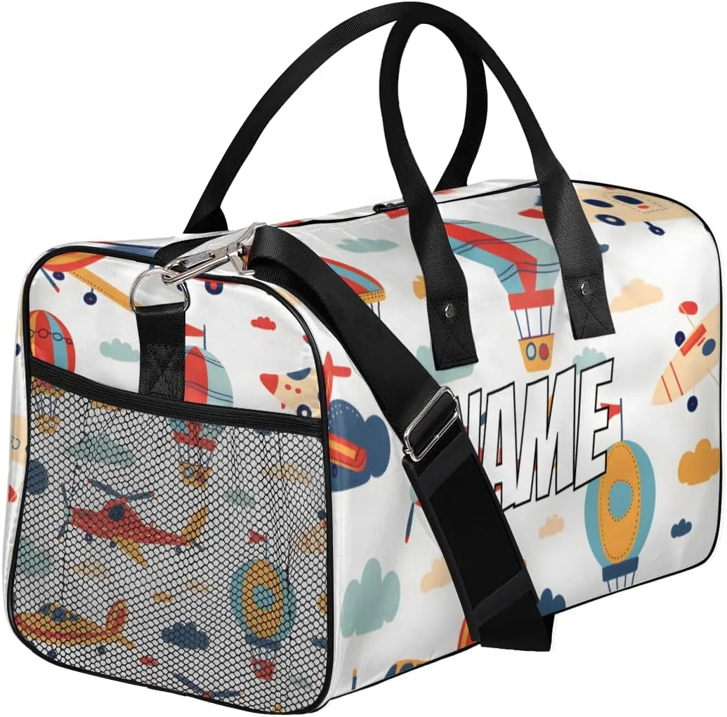 Personalized Transportation Airplane Travel Duffel Bag with Name, Custom Gym Sport Bag Cartoon Balloon Carry On Weekend Overnight Duffel Bag for Men Women