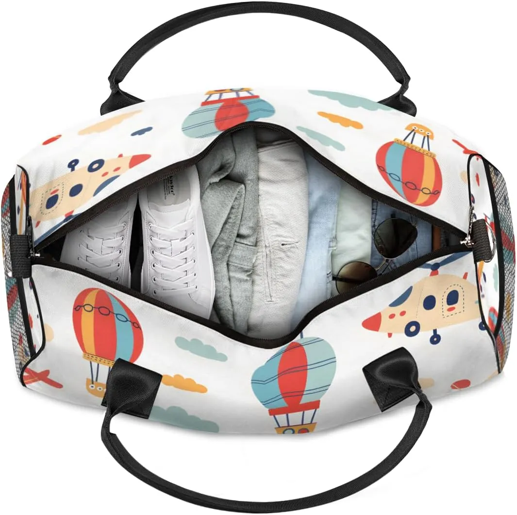Personalized Transportation Airplane Travel Duffel Bag with Name, Custom Gym Sport Bag Cartoon Balloon Carry On Weekend Overnight Duffel Bag for Men Women