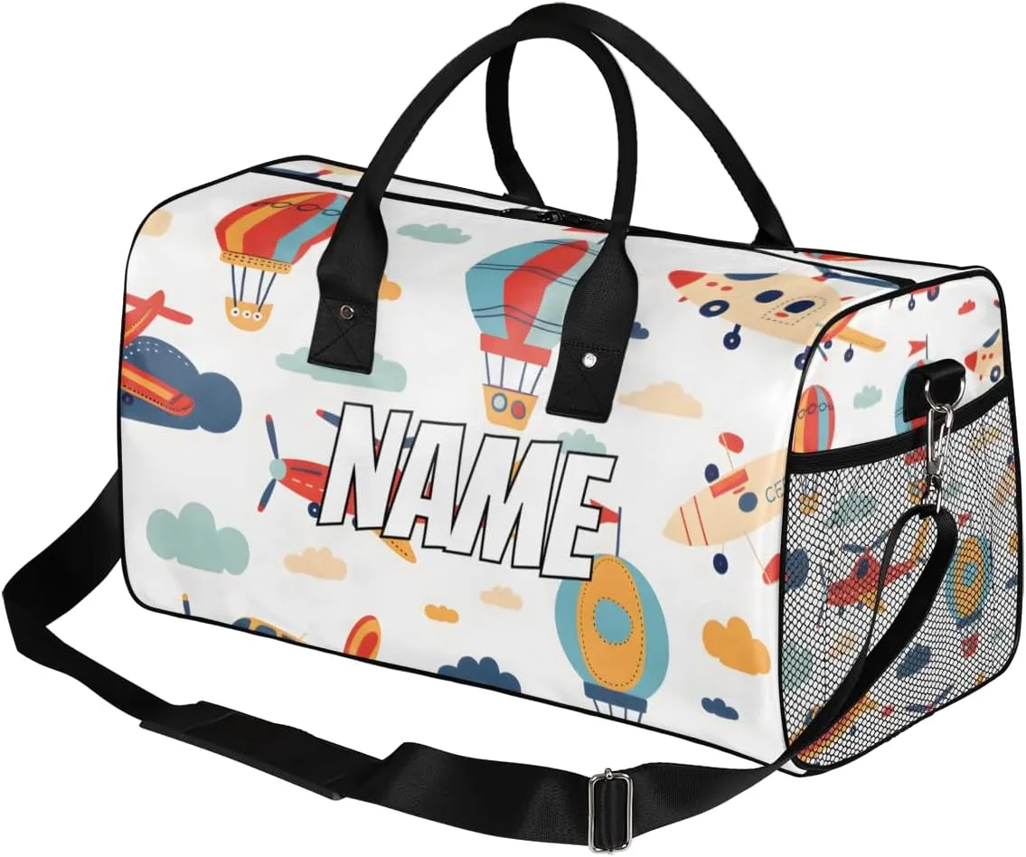 Personalized Transportation Airplane Travel Duffel Bag with Name, Custom Gym Sport Bag Cartoon Balloon Carry On Weekend Overnight Duffel Bag for Men Women