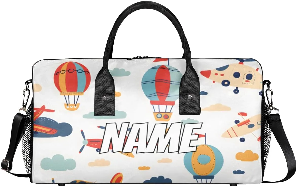 Personalized Transportation Airplane Travel Duffel Bag with Name, Custom Gym Sport Bag Cartoon Balloon Carry On Weekend Overnight Duffel Bag for Men Women