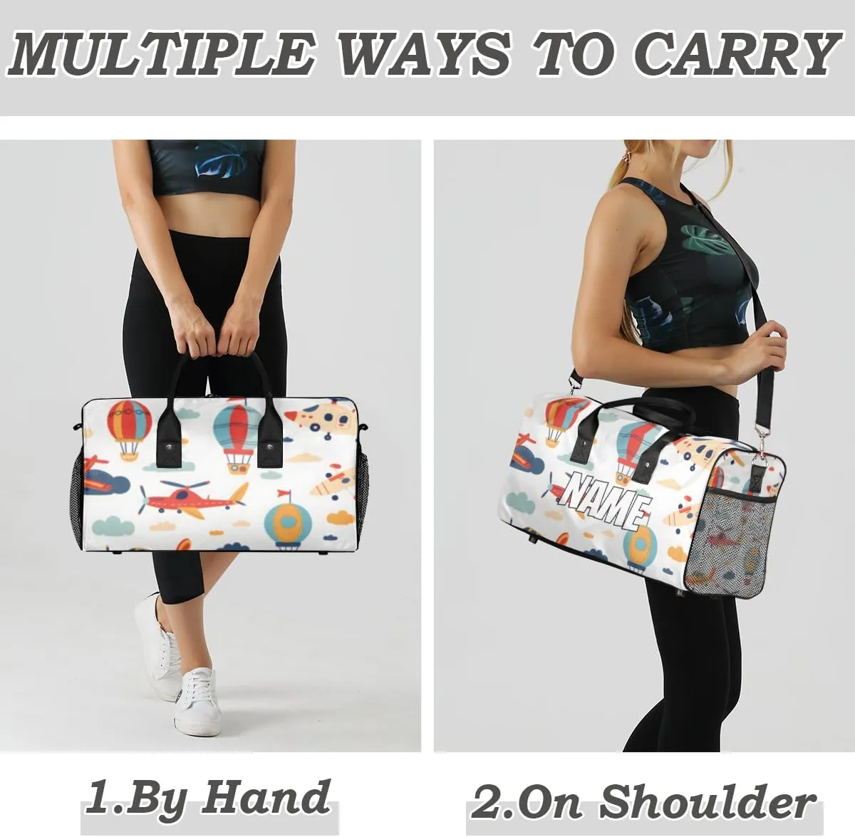 Personalized Transportation Airplane Travel Duffel Bag with Name, Custom Gym Sport Bag Cartoon Balloon Carry On Weekend Overnight Duffel Bag for Men Women