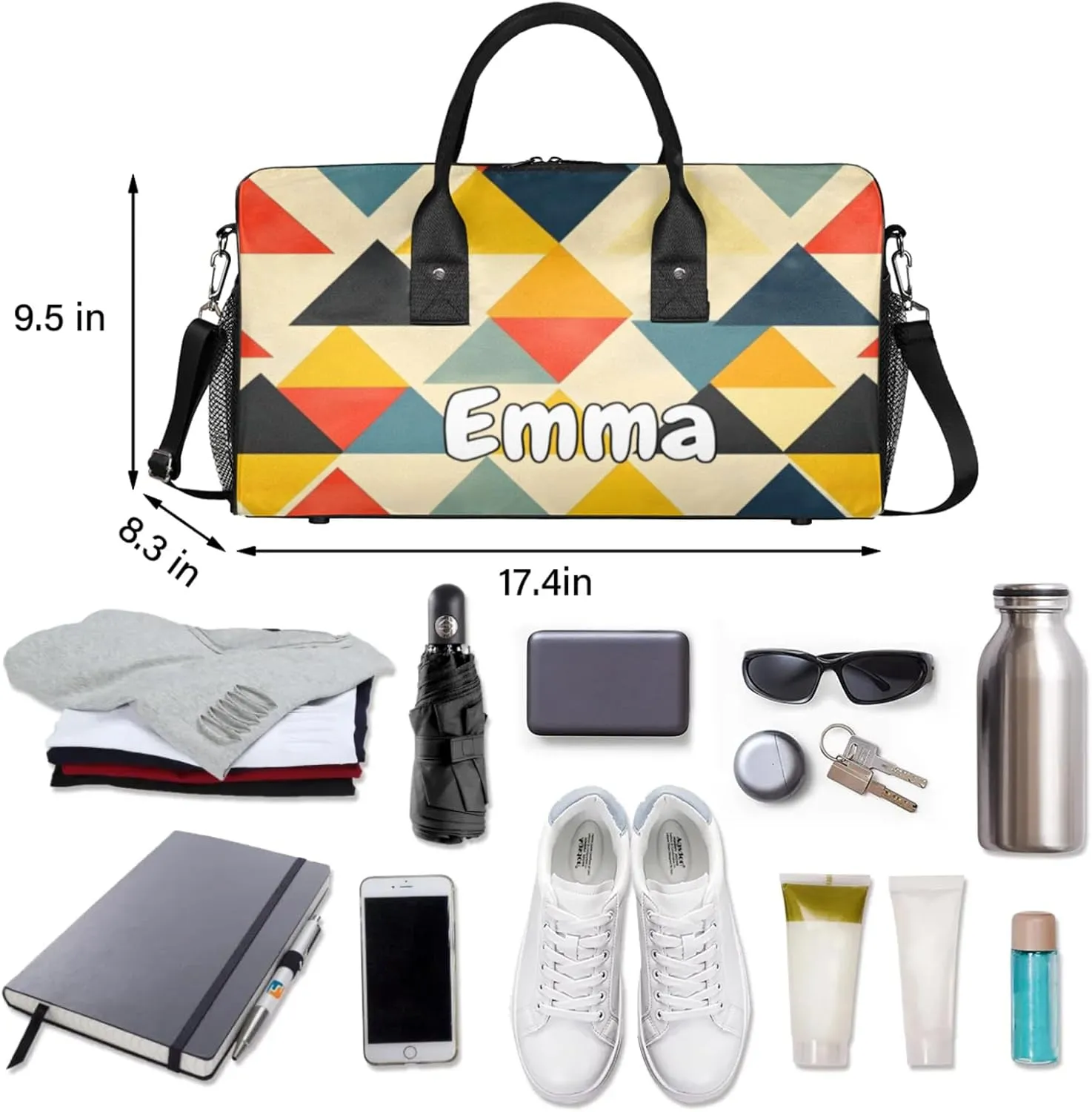 Personalized Vintage Rhombus Travel Duffel Bag with Name, Custom Gym Sport Bag Retro Geometric Carry On Weekend Overnight Duffel Bag for Men Women