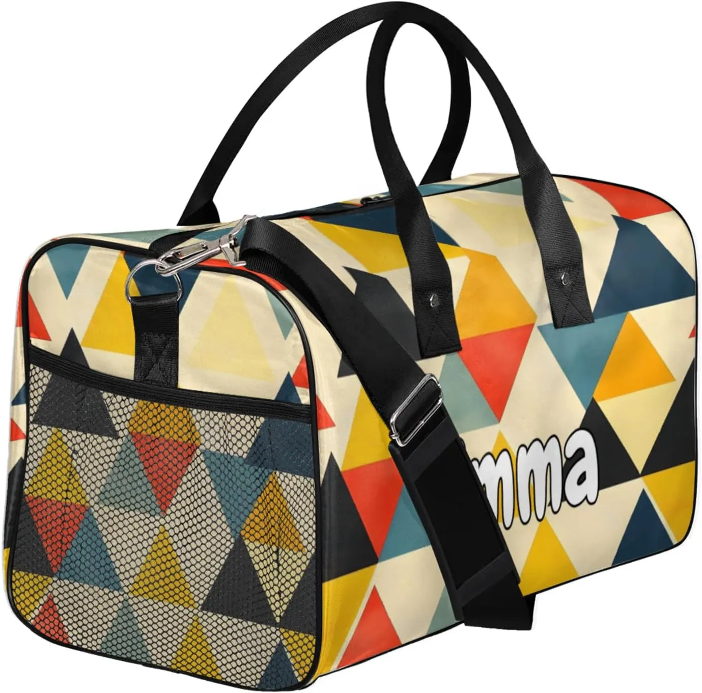Personalized Vintage Rhombus Travel Duffel Bag with Name, Custom Gym Sport Bag Retro Geometric Carry On Weekend Overnight Duffel Bag for Men Women