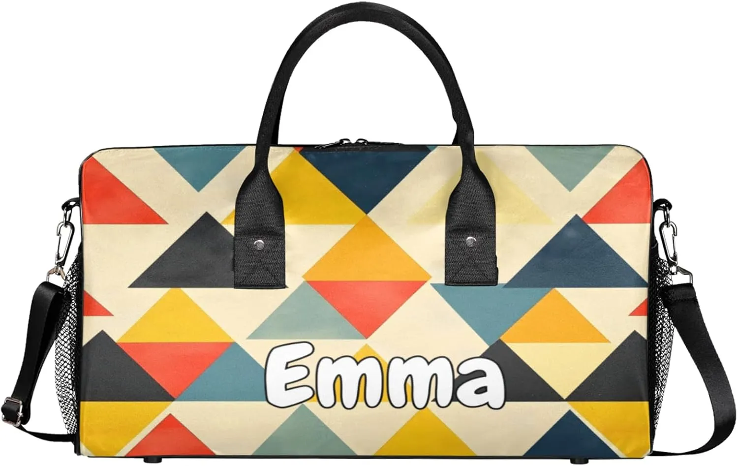 Personalized Vintage Rhombus Travel Duffel Bag with Name, Custom Gym Sport Bag Retro Geometric Carry On Weekend Overnight Duffel Bag for Men Women