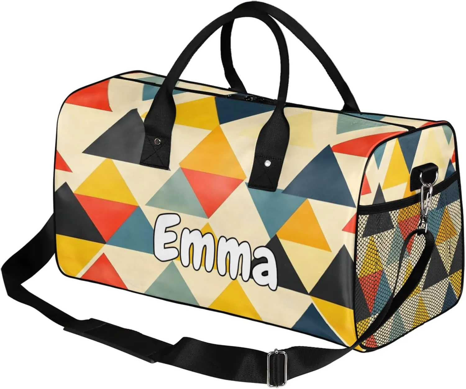 Personalized Vintage Rhombus Travel Duffel Bag with Name, Custom Gym Sport Bag Retro Geometric Carry On Weekend Overnight Duffel Bag for Men Women