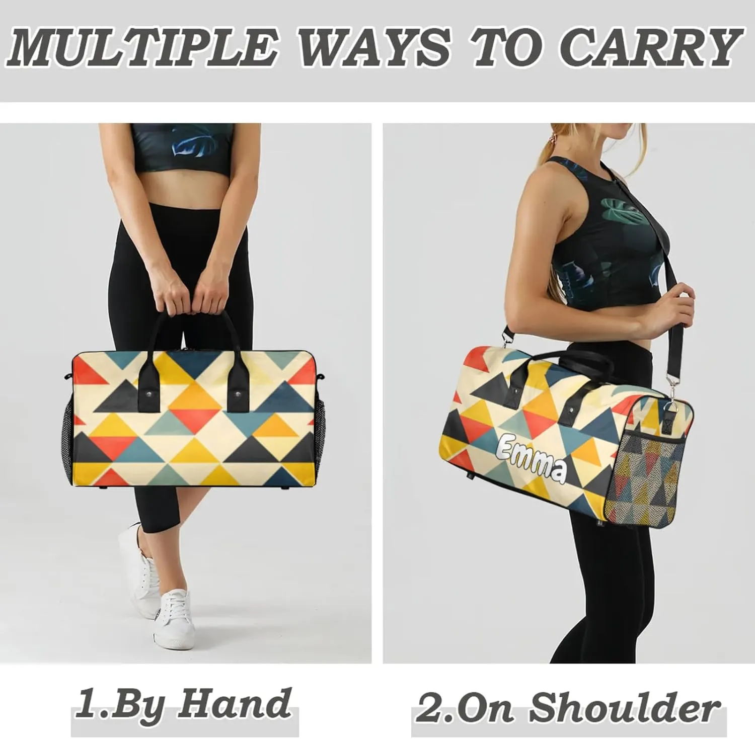 Personalized Vintage Rhombus Travel Duffel Bag with Name, Custom Gym Sport Bag Retro Geometric Carry On Weekend Overnight Duffel Bag for Men Women