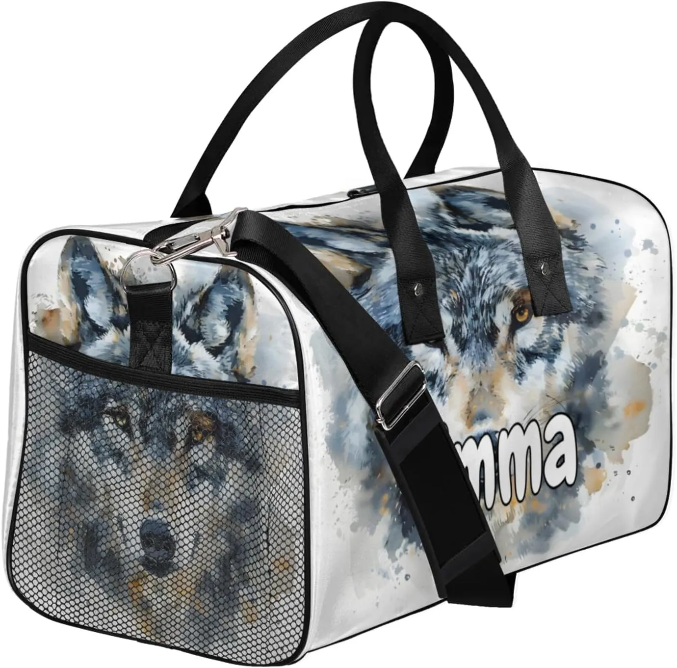 Personalized Vintage Wolf Travel Duffel Bag with Name, Custom Gym Sport Bag Wildlfe Animal Carry On Weekend Overnight Duffel Bag for Men Women