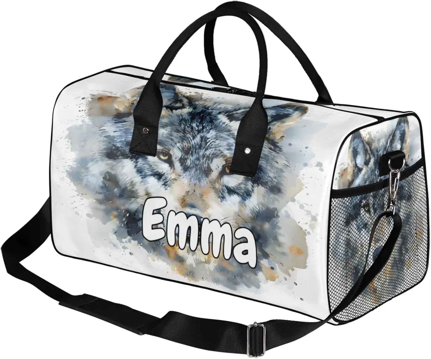 Personalized Vintage Wolf Travel Duffel Bag with Name, Custom Gym Sport Bag Wildlfe Animal Carry On Weekend Overnight Duffel Bag for Men Women