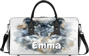 Personalized Vintage Wolf Travel Duffel Bag with Name, Custom Gym Sport Bag Wildlfe Animal Carry On Weekend Overnight Duffel Bag for Men Women