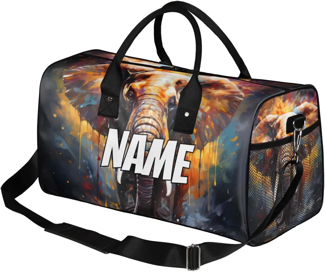 Personalized Watercolor Elephant Travel Duffel Bag with Name, Custom Gym Sport Bag Wildlife Animal Carry On Weekend Overnight Duffel Bag for Men Women