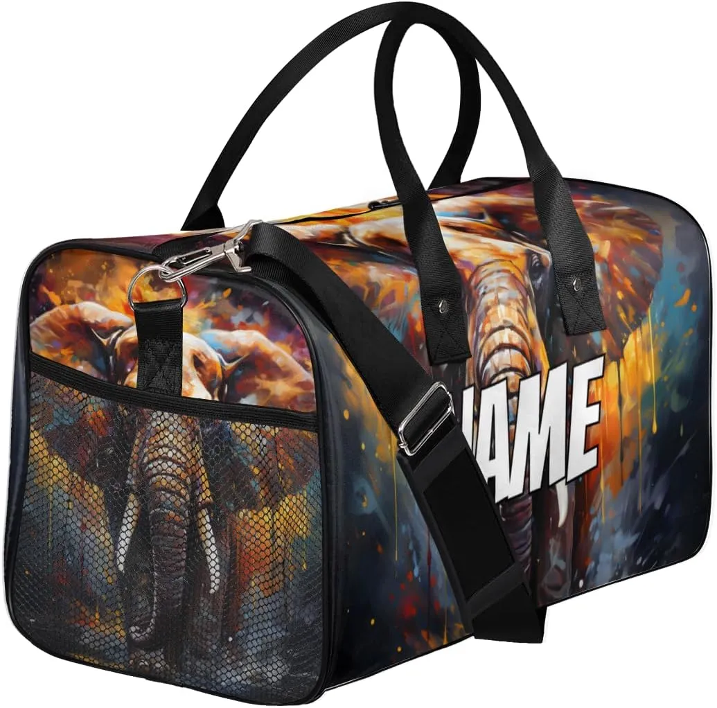 Personalized Watercolor Elephant Travel Duffel Bag with Name, Custom Gym Sport Bag Wildlife Animal Carry On Weekend Overnight Duffel Bag for Men Women