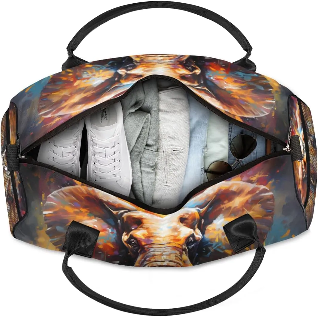 Personalized Watercolor Elephant Travel Duffel Bag with Name, Custom Gym Sport Bag Wildlife Animal Carry On Weekend Overnight Duffel Bag for Men Women