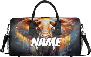 Personalized Watercolor Elephant Travel Duffel Bag with Name, Custom Gym Sport Bag Wildlife Animal Carry On Weekend Overnight Duffel Bag for Men Women