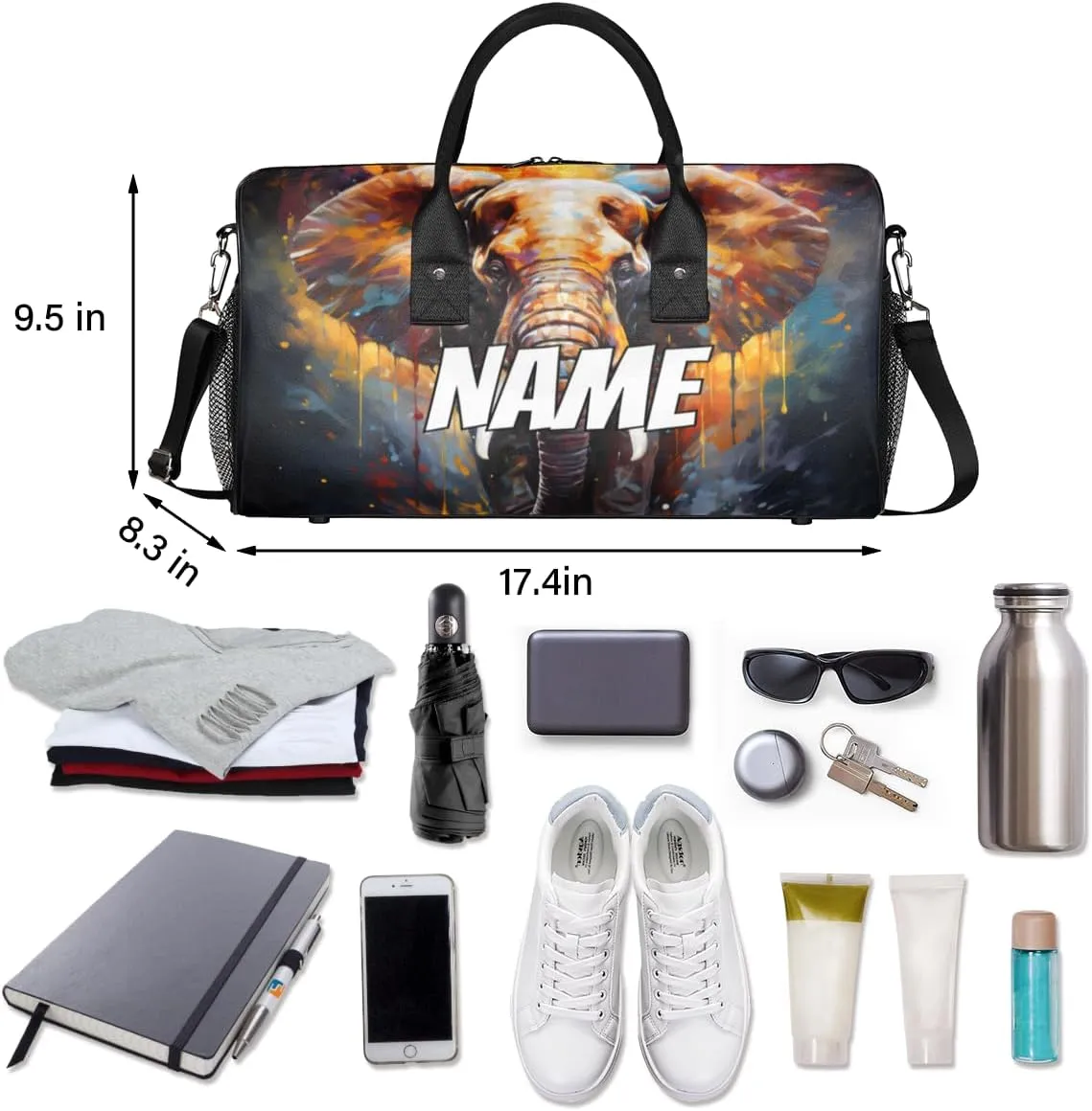 Personalized Watercolor Elephant Travel Duffel Bag with Name, Custom Gym Sport Bag Wildlife Animal Carry On Weekend Overnight Duffel Bag for Men Women