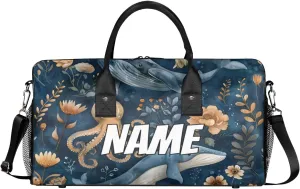 Personalized Whale Octopus Travel Duffel Bag with Name, Custom Gym Sport Bag Underwater World Carry On Weekend Overnight Duffel Bag for Men Women