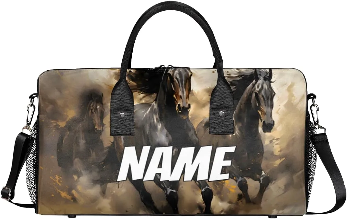 Personalized Wild Horse Travel Duffel Bag with Name, Custom Gym Sport Bag Running Animals Carry On Weekend Overnight Duffel Bag for Men Women