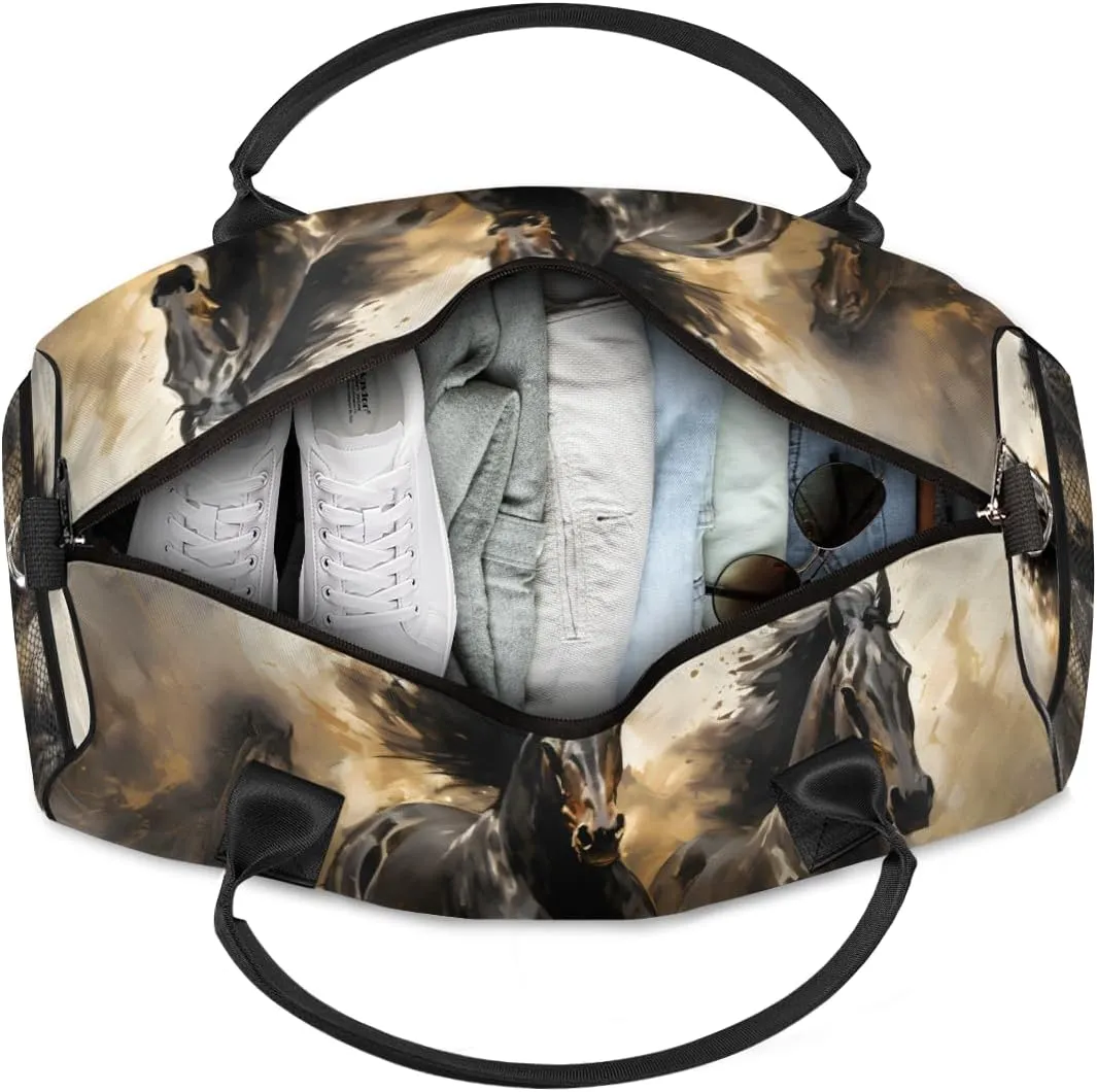 Personalized Wild Horse Travel Duffel Bag with Name, Custom Gym Sport Bag Running Animals Carry On Weekend Overnight Duffel Bag for Men Women
