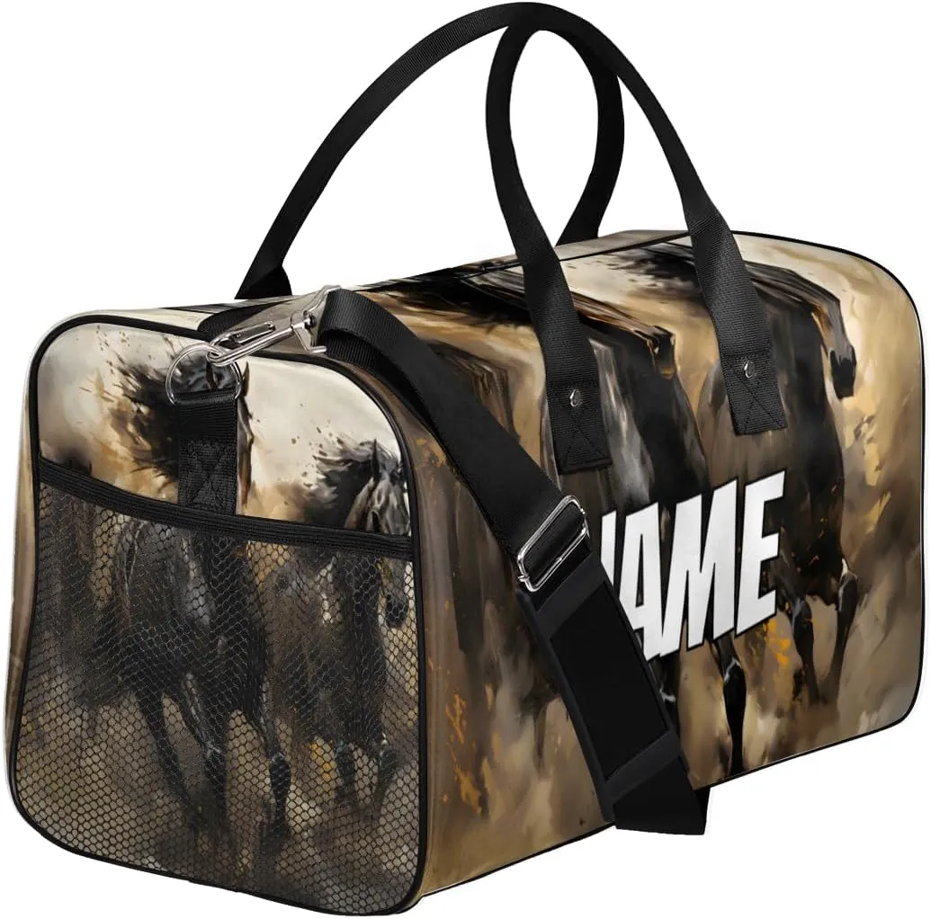 Personalized Wild Horse Travel Duffel Bag with Name, Custom Gym Sport Bag Running Animals Carry On Weekend Overnight Duffel Bag for Men Women